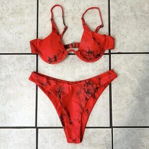 Unbranded Red Black Marble Cheeky Bikini 2 Piece Bikini Set Women's Medium